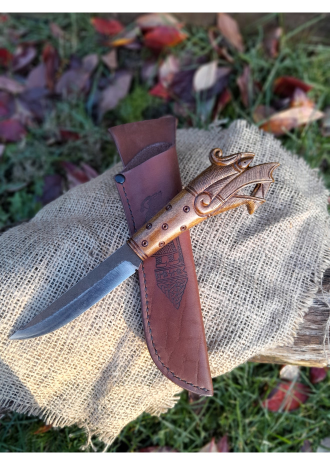 Hand-carved Dragon handle. Exclusive Viking style knife with leather sheath. Hand-forged Carbon steel. Drakkar art.