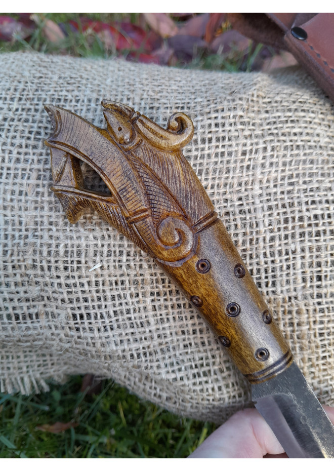 Hand-carved Dragon handle. Exclusive Viking style knife with leather sheath. Hand-forged Carbon steel. Drakkar art.