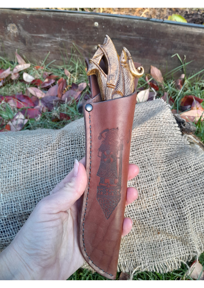 Hand-carved Dragon handle. Exclusive Viking style knife with leather sheath. Hand-forged Carbon steel. Drakkar art.